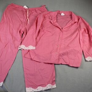 Cruz Pajama Set Women Medium Pink Lace Trim Cotton 2pc Button Up AC4630